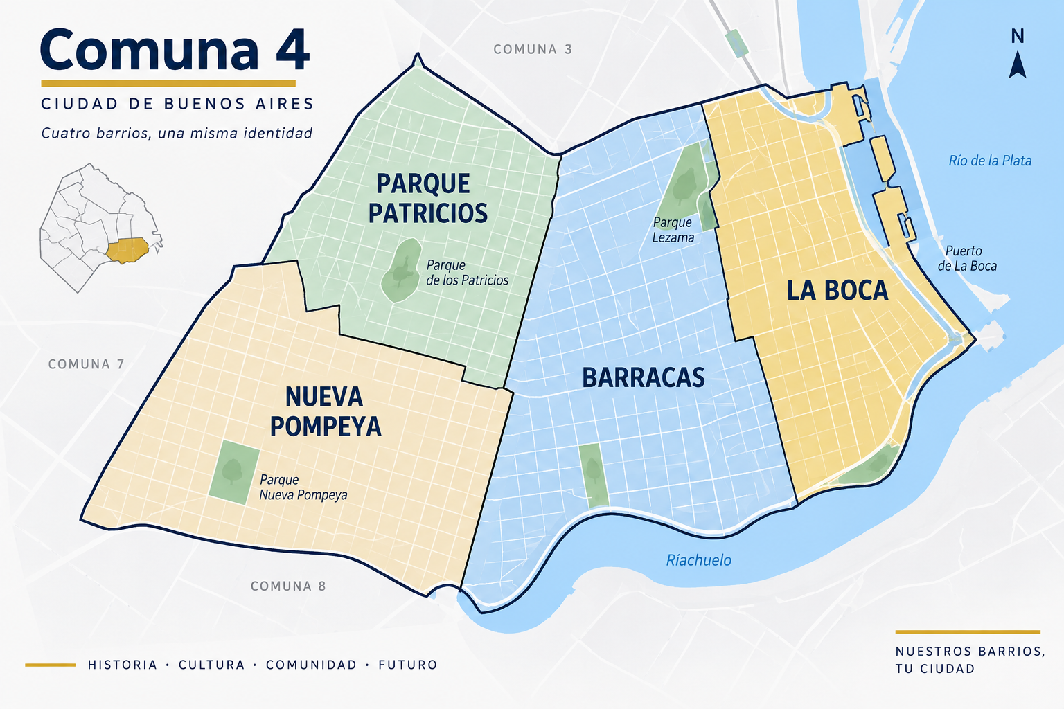 Mapa ilustrado de la Comuna 4 con La Boca, Barracas, Parque Patricios y Nueva Pompeya